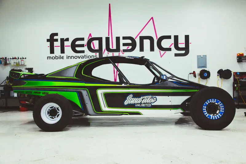 Custom color-change wrapped sand car in the FRQNCY shop, Woods Cross UT